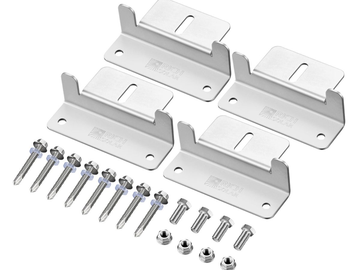 Four silver RICH SOLAR RS-ZB4C Z-brackets and supplied hardware